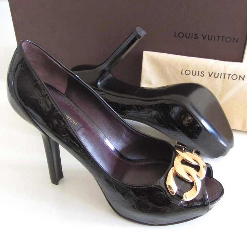 new LOUIS VUITTON Monogram Vernis chain peep toe pumps 8.5 US 38.5 - Picture 2 of 13